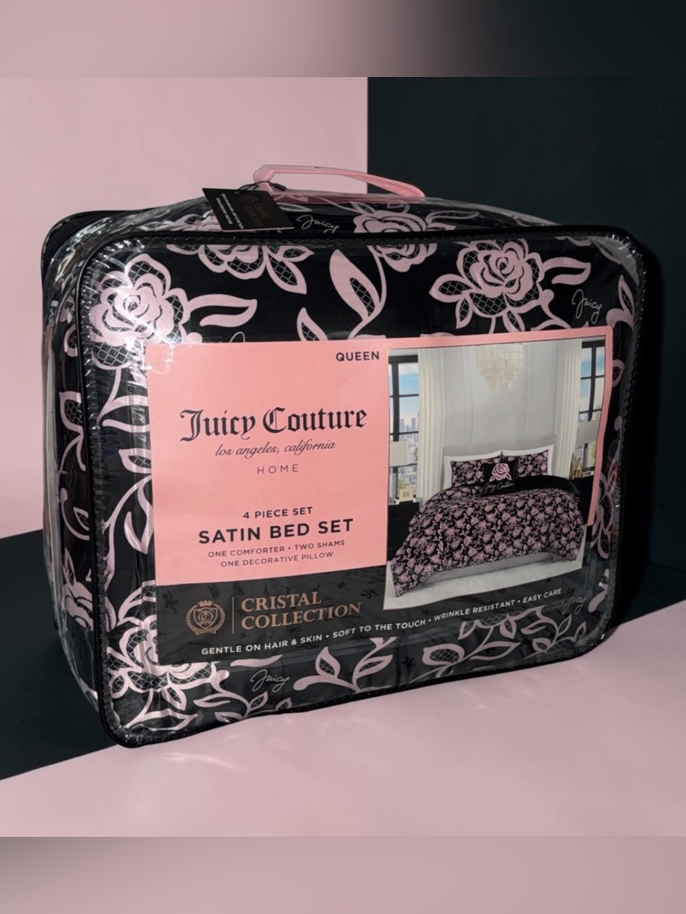 Juicy Couture Black & Pink Floral Satin Comforter Set - Queen